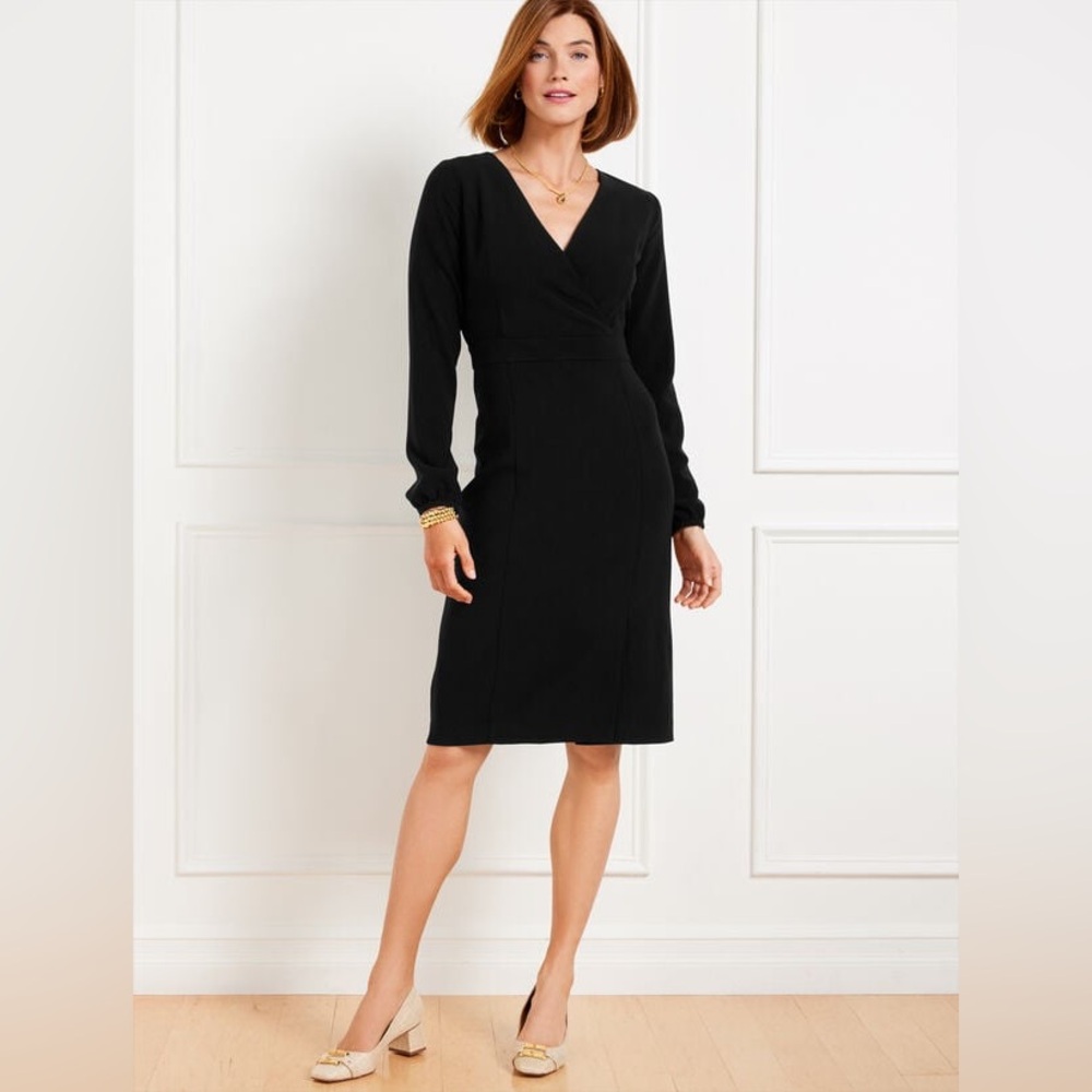Talbots Sheath Dress Womens Size 16 Black Triacetate Blend Surplice V-Neck